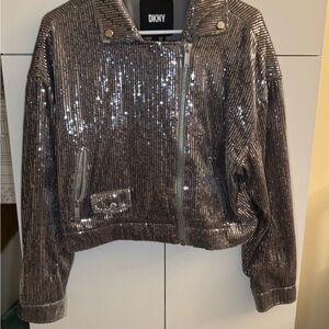 DKNY Women's Shimmering Bomber Jacket - Silver